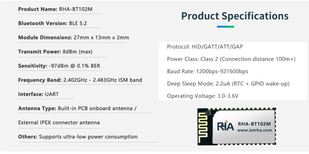 ble 5.2 low power bluetooth module, integrated master slave, long range wireless serial communication for industrial sensors and car keys