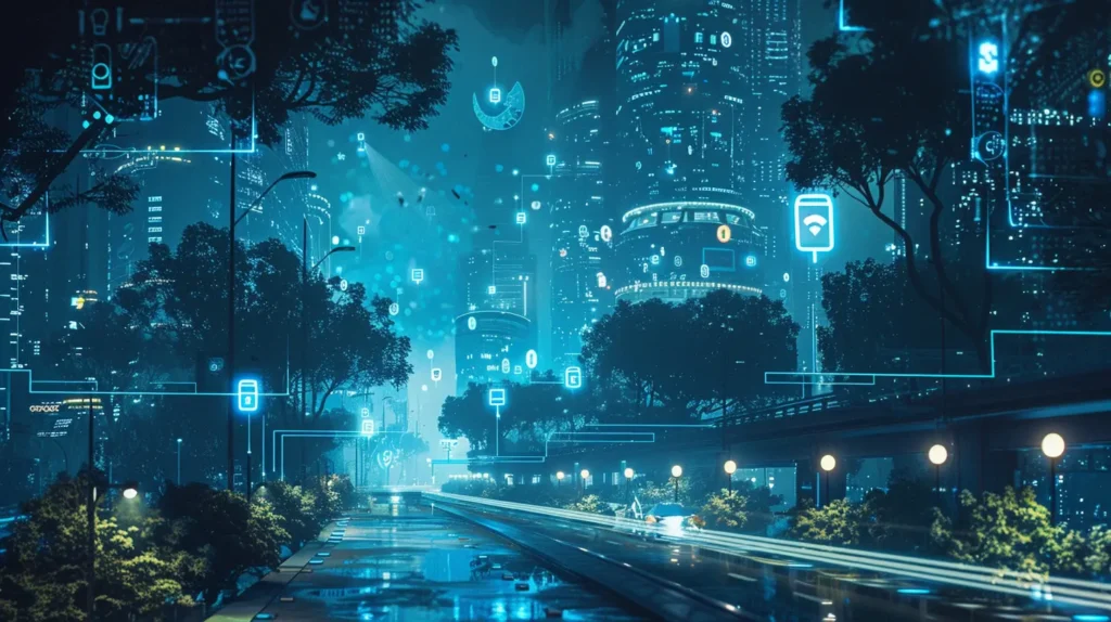 futuristic cityscape with iot devices powered by bluetooth low energy